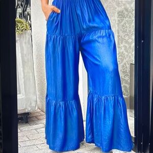 056. Electric Blue Wide Leg Pants with Ruffled Tiers
